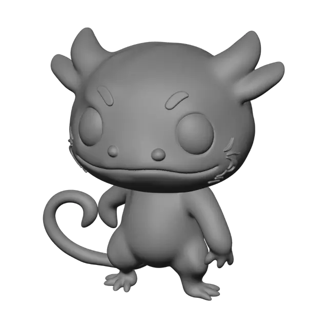 3D model for Chibi axolotl figurine, full body side view, oversized round head with big cute eyes and feathery external gills, chubby segmented body with visible rounded sections, short stubby legs with tiny toes, long curled tail, smooth matte plastic surface, pink body with white belly and dark eyes, Funko Pop chibi style, solid watertight geometry, thick proportions everywhere, no thin features, stable flat belly for printing on its side, no base, no floating parts, 15cm long proportions