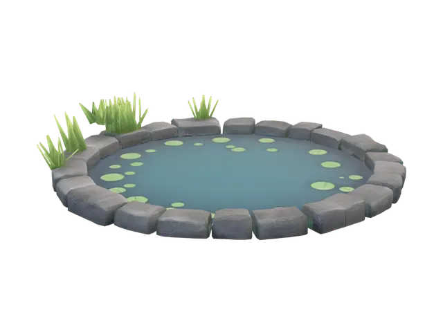 stylized low-poly small round village pond with a stone rim and calm blue water, a few reeds… 3D model, AI generated
