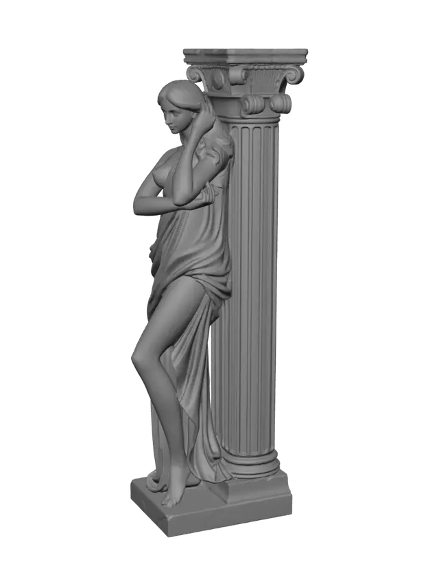 3D model for Create a realistic 3d printable model of Aphrodite in the style of classical Greek sculptures. Make her stand in front of a Greek column that could hold a small object at waist height. Please place a pedestal/column in front of her at waist height.