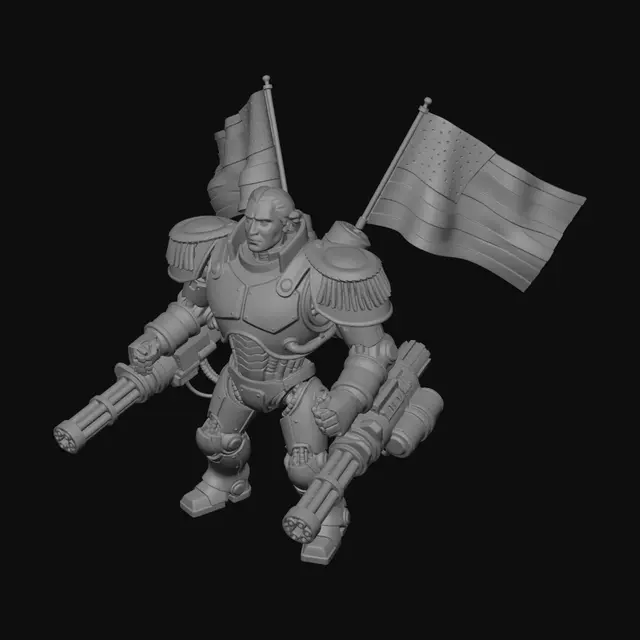 3D model for Generate a mechanical robot version of George Washington that has machinenguns attached to his arms and two american flags attached to his back