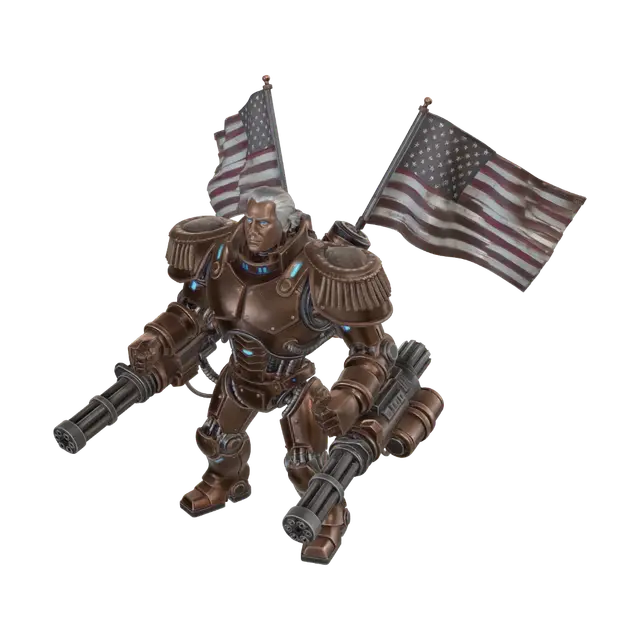 Generate a mechanical robot version of George Washington that has machinenguns… - Flags 3D-model, gegenereerd door AI