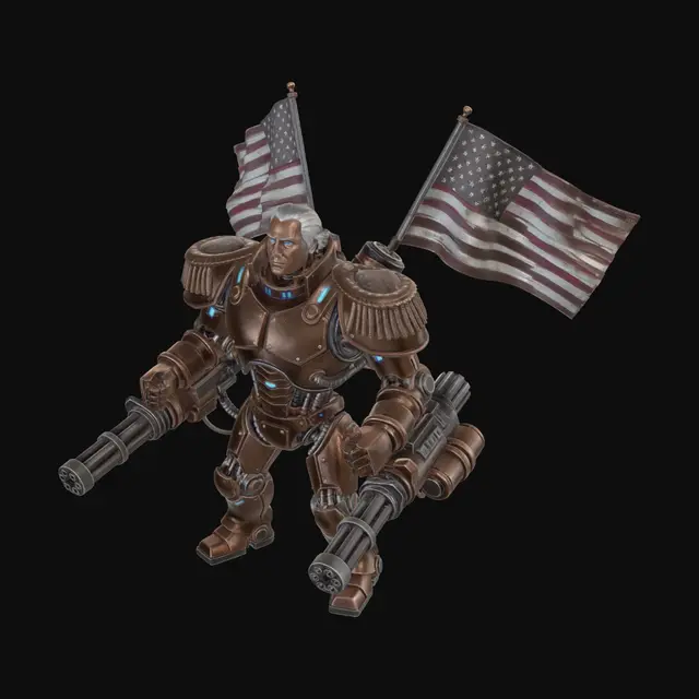 3D model for Generate a mechanical robot version of George Washington that has machinenguns attached to his arms and two american flags attached to his back