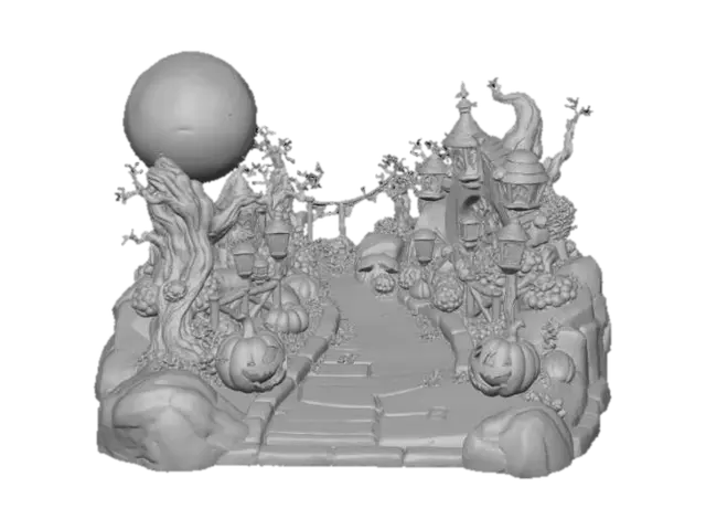 3D model for Curved chibi carnival pathway lined with jack-o’-lanterns and tiny candy corn lamps. Rounded 3D toy-like design, simplified structure, limited palette, transparent background. , #Halloween2025#