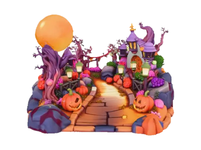 3D model for Curved chibi carnival pathway lined with jack-o’-lanterns and tiny candy corn lamps. Rounded 3D toy-like design, simplified structure, limited palette, transparent background. , #Halloween2025#
