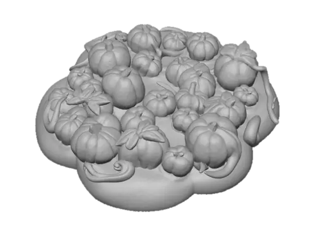 3D model for Chibi 3D diorama base shaped like a pumpkin patch, dotted with miniature pumpkins and curling vines. Rounded bold details, simplified shapes, warm orange and green tones, transparent background. , #Halloween2025#