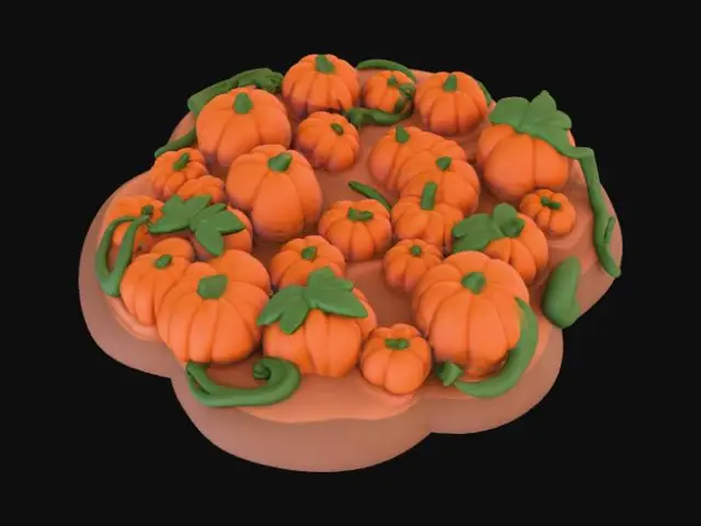 3D model for Chibi 3D diorama base shaped like a pumpkin patch, dotted with miniature pumpkins and curling vines. Rounded bold details, simplified shapes, warm orange and green tones, transparent background. , #Halloween2025#