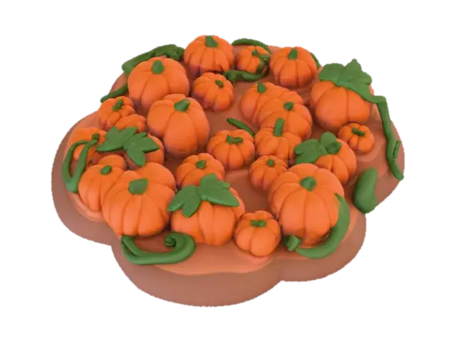 3D model for Chibi 3D diorama base shaped like a pumpkin patch, dotted with miniature pumpkins and curling vines. Rounded bold details, simplified shapes, warm orange and green tones, transparent background. , #Halloween2025#