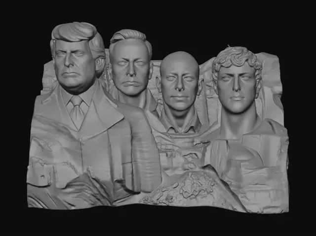 3D model for A 3D image of Mount Rushmore, but with the faces of Donald Trump, Elon Musk, Jeff Bezos, and Logan Paul.  Thick and bold detail optimized for 3D printing.  Plain background.