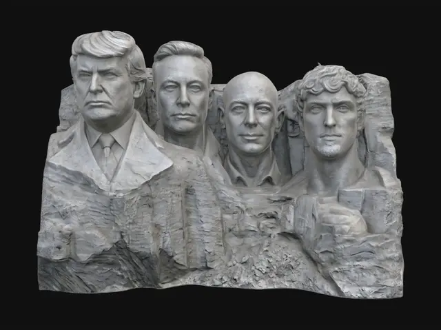 3D model for A 3D image of Mount Rushmore, but with the faces of Donald Trump, Elon Musk, Jeff Bezos, and Logan Paul.  Thick and bold detail optimized for 3D printing.  Plain background.