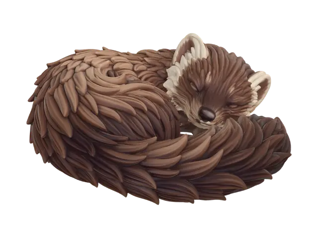 A 3D image of a highly detailed pine marten curled up sleeping. Thick and bold… 3D model, vytvořený pomocí AI