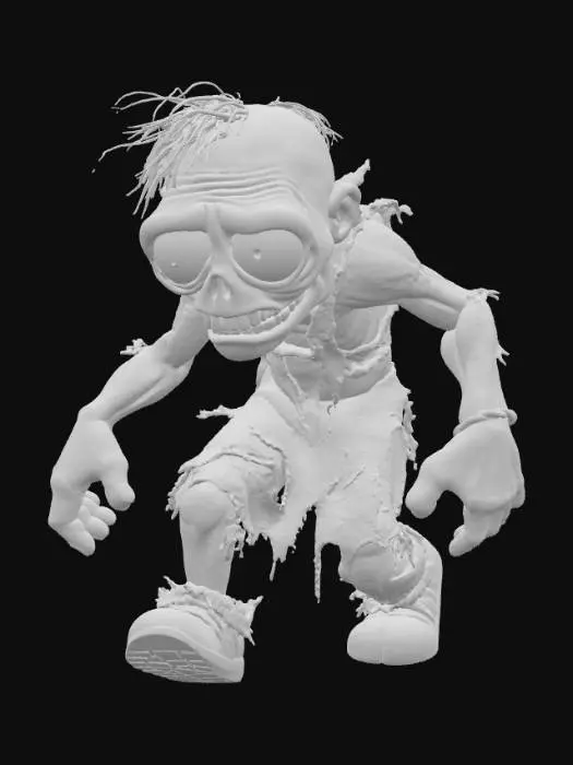 3D model for A 3D image of a toy-like zombie shuffling forward.  Wearing ragged clothing.  Missing part of an arm. Thick and bold details.  Highly stylized.