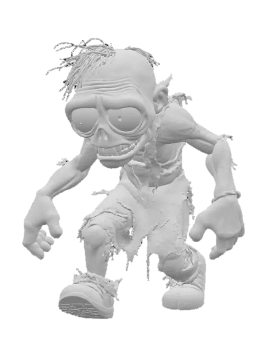 3D model for A 3D image of a toy-like zombie shuffling forward.  Wearing ragged clothing.  Missing part of an arm. Thick and bold details.  Highly stylized.