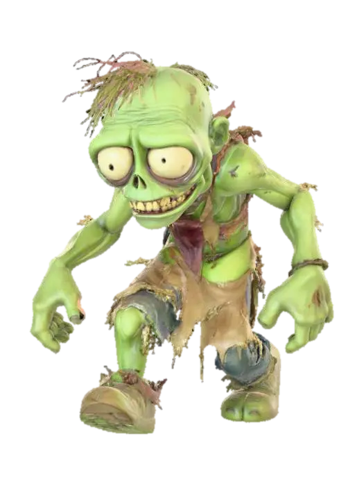 3D model for A 3D image of a toy-like zombie shuffling forward.  Wearing ragged clothing.  Missing part of an arm. Thick and bold details.  Highly stylized.