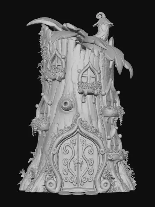 3D model for A highly detailed 3D image of a fairy house made out of a hollow log.  Arched windows and doorways.  Flower boxes under the windows.  White background.