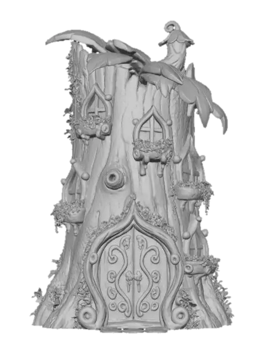 3D model for A highly detailed 3D image of a fairy house made out of a hollow log.  Arched windows and doorways.  Flower boxes under the windows.  White background.