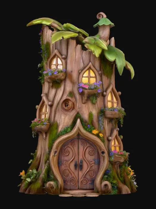 3D model for A highly detailed 3D image of a fairy house made out of a hollow log.  Arched windows and doorways.  Flower boxes under the windows.  White background.