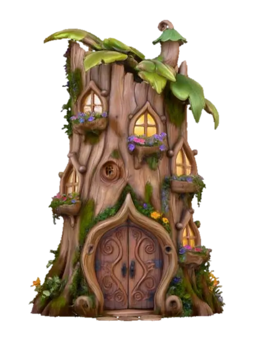 3D model for A highly detailed 3D image of a fairy house made out of a hollow log.  Arched windows and doorways.  Flower boxes under the windows.  White background.