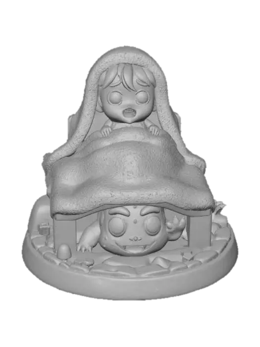 3D model for A 3D image of a chibi-style child hidding in bed from a chibi-style monster under the bed. The scene is on a round base. White background. , #Halloween2025#