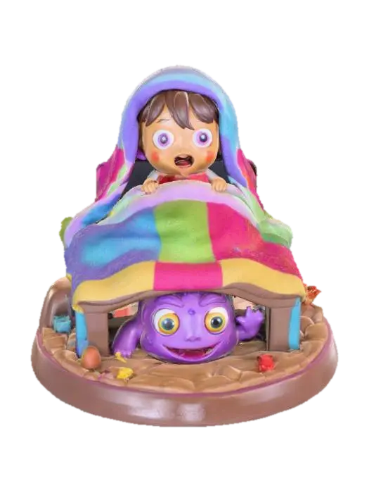 3D model for A 3D image of a chibi-style child hidding in bed from a chibi-style monster under the bed. The scene is on a round base. White background. , #Halloween2025#