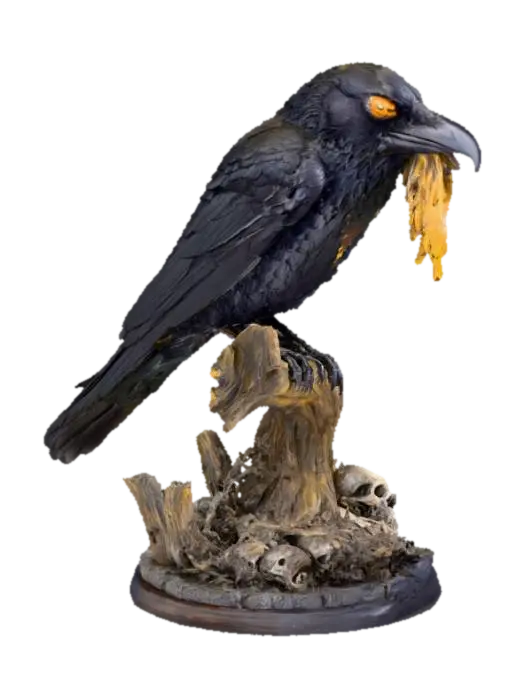 A 3D image of a menacing looking raven on a wooden perch. It 's beak it holds a… 3D model, vytvořený pomocí AI