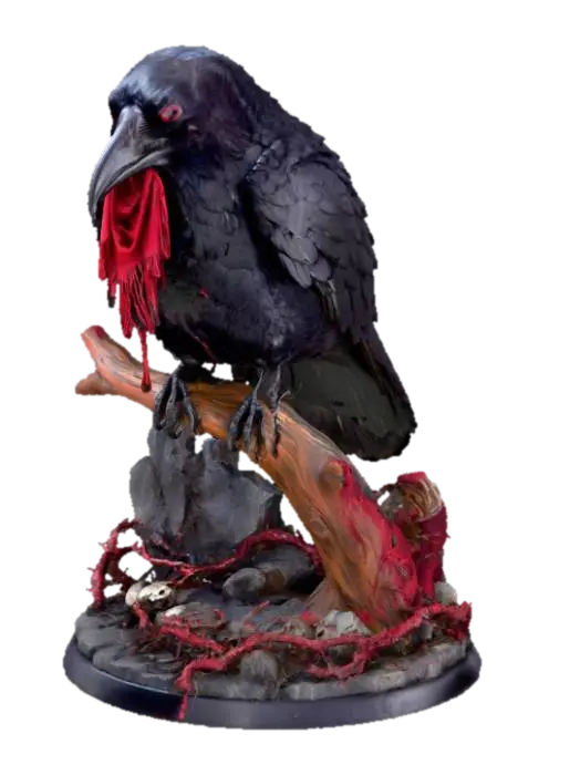 A 3D image of a menacing looking raven on a wooden perch. It 's beak it holds a… 3D model, vytvořený pomocí AI