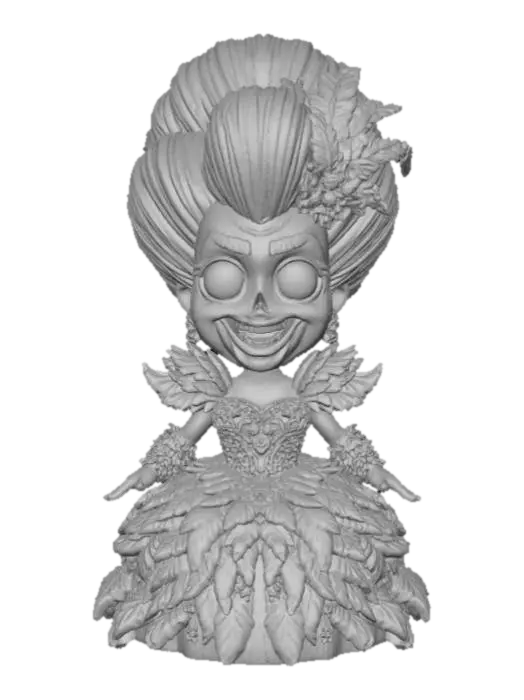 3D model for A 3D image of a cute chibi-style zombie dressed like a drag queen. The zombie has large bulging eyes and a slack-jawed smile. Thick and bold details. Deeply etched and embossed. Highly stylized. Matte finish. Dusky lighting. #Halloween2025#