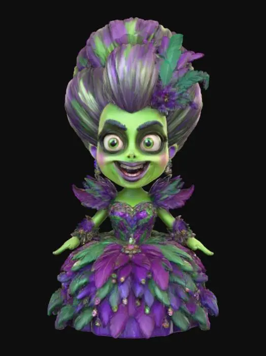 3D model for A 3D image of a cute chibi-style zombie dressed like a drag queen. The zombie has large bulging eyes and a slack-jawed smile. Thick and bold details. Deeply etched and embossed.  Highly stylized. Matte finish. Dusky lighting. #Halloween2025#