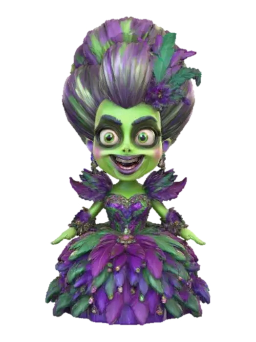3D model for A 3D image of a cute chibi-style zombie dressed like a drag queen. The zombie has large bulging eyes and a slack-jawed smile. Thick and bold details. Deeply etched and embossed. Highly stylized. Matte finish. Dusky lighting. #Halloween2025#