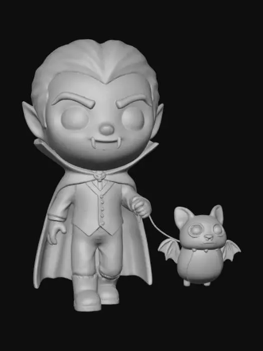 3D model for A 3D image of A chibi-style vampire out walking his pet bat. Thick and bold detail. Muted lighting. Matte finish. #Halloween2025