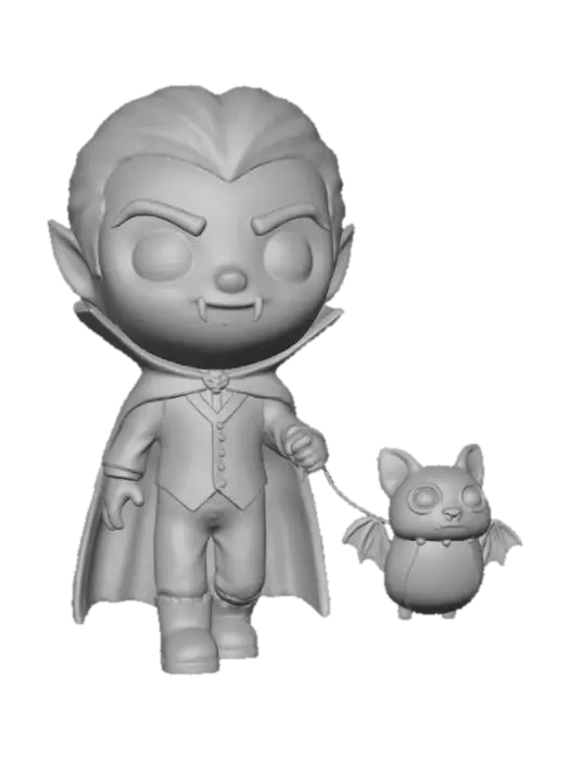 3D model for A 3D image of A chibi-style vampire out walking his pet bat. Thick and bold detail.  Muted lighting.  Matte finish.  #Halloween2025