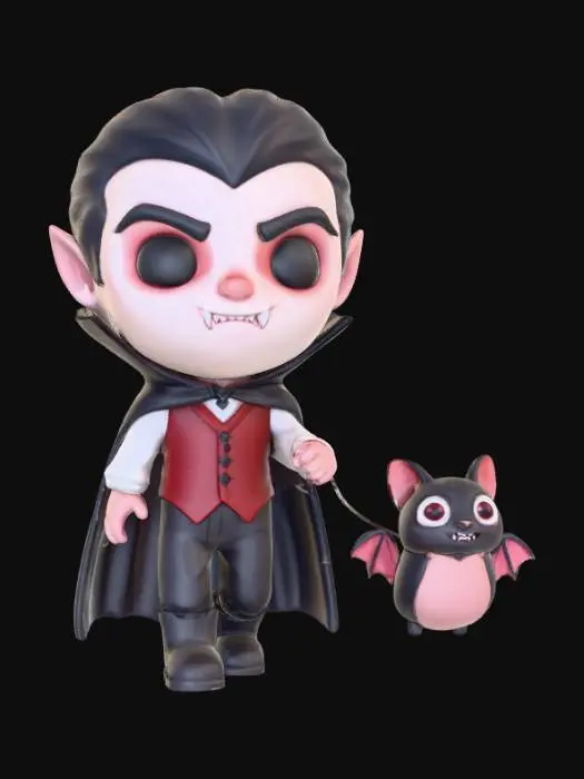 3D model for A 3D image of A chibi-style vampire out walking his pet bat. Thick and bold detail. Muted lighting. Matte finish. #Halloween2025