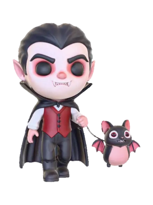 3D model for A 3D image of A chibi-style vampire out walking his pet bat. Thick and bold detail.  Muted lighting.  Matte finish.  #Halloween2025