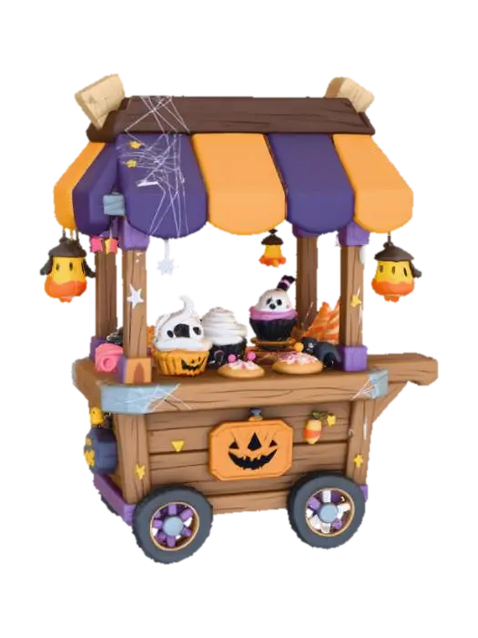 Chibi-style Halloween food cart selling spooky treats — ghost cupcakes and bat… 3D model, vytvořený pomocí AI