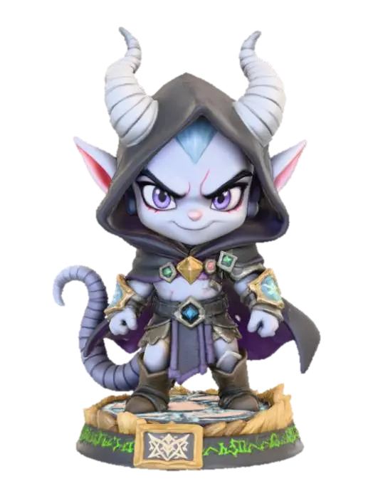 Chibi tiefling male rogue, curled horns, slender tail, confident or mischievous… 3D model, vytvořený pomocí AI
