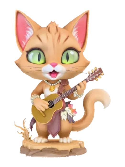 Chibi female tabaxi bard, feline humanoid with fur texture and expressive cat eyes,… 3D model, vytvořený pomocí AI