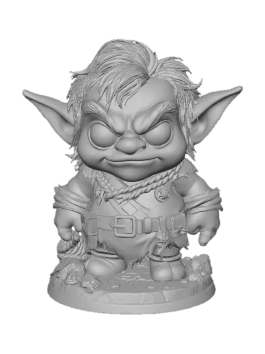 3D model for A3D image of a Chibi-style goblin standing on a round adventure-themed base (rocks, rope coils, scattered coins). Green skin with big expressive eyes, paunchy body, exaggerated long arms, sparse tofts of hair, large mouth. Comical expression. Wearing ill-fitting clothing. Cute. Highly stylized, highly detailed, thick bold shapes ideal for 3D printing. Smooth rounded forms with strong silhouette. Crisp feather and fur texture. Heroic but adorable expression. High-contrast details, clean geometry, no fragile parts, solid sculpt.