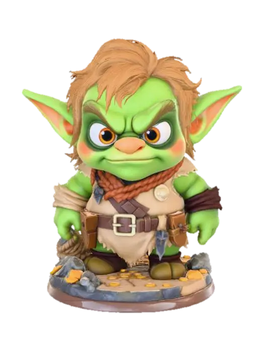 3D model for A3D image of a Chibi-style goblin standing on a round adventure-themed base (rocks, rope coils, scattered coins). Green skin with big expressive eyes, paunchy body, exaggerated long arms, sparse tofts of hair, large mouth. Comical expression. Wearing ill-fitting clothing. Cute. Highly stylized, highly detailed, thick bold shapes ideal for 3D printing. Smooth rounded forms with strong silhouette. Crisp feather and fur texture. Heroic but adorable expression. High-contrast details, clean geometry, no fragile parts, solid sculpt.