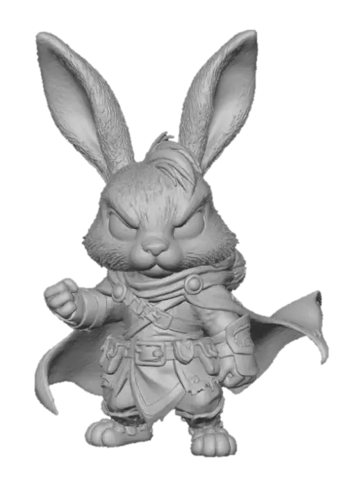 3D model for A 3D image of a chibi-style male rabbit adventurer, heroic fantasy pose, detailed stylized attire, big expressive eyes, small mouth, thick and bold details, vibrant yet color palette, optimized for 3D printing, highly detailed stylized textures.