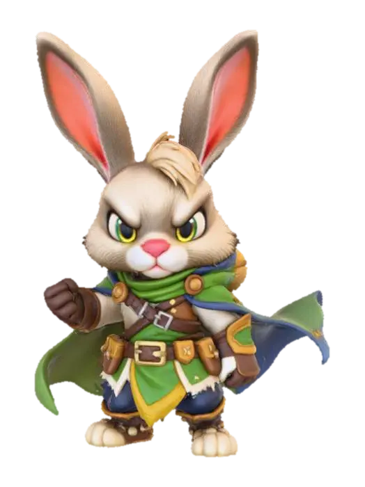 3D model for A 3D image of a chibi-style male rabbit adventurer, heroic fantasy pose, detailed stylized attire, big expressive eyes, small mouth, thick and bold details, vibrant yet color palette, optimized for 3D printing, highly detailed stylized textures.