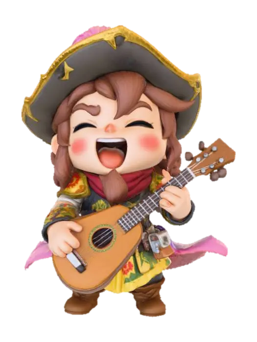 A 3D image of a chibi-style male bard adventurer, heroic fantasy pose, detailed… 3D model, vytvořený pomocí AI