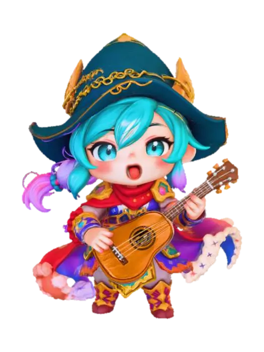 A 3D image of a chibi-style female bard adventurer, heroic fantasy pose, detailed… 3D model, vytvořený pomocí AI