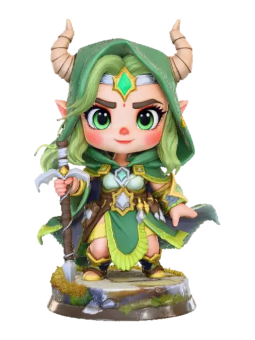 Chibi human female druid, heroic fantasy pose, detailed stylized druidic robes, short… 3D model, vytvořený pomocí AI
