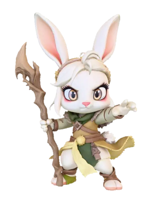A 3D image of a chibi style Dungeons & Dragons female rabbit druid, holding a simple… 3D model, vytvořený pomocí AI