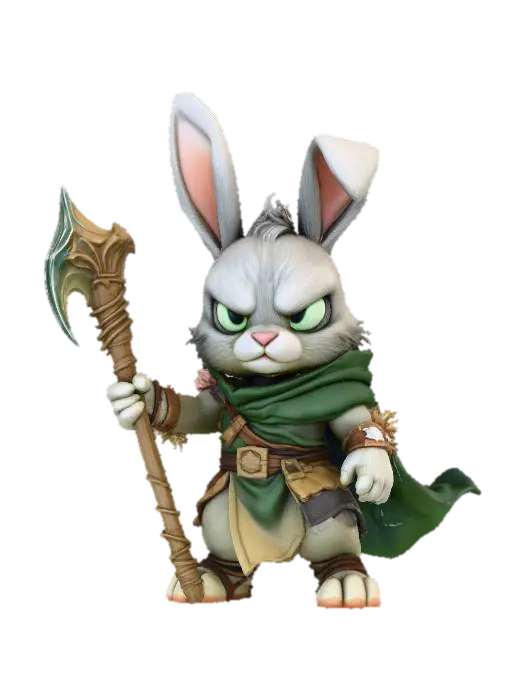 A 3D image of a chibi style Dungeons & Dragons male rabbit druid, holding a simple… 3D model, vytvořený pomocí AI