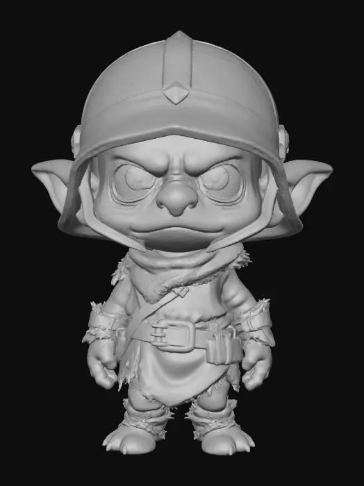 3D model for A 3D image of a chibi-style cute goblin guard wearing an oversized helmet that coverts his eyes and a dirty tunic, skinny legs, long arms, large head, silly expression, cute features including large eyes, small mouth and large nose, green complexion, highly stylized, thick and bold details, highly textured, white background.