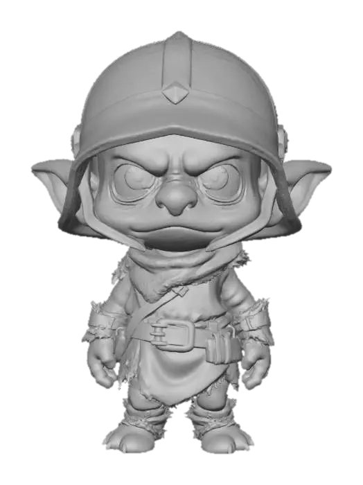 3D model for A 3D image of a chibi-style cute goblin guard wearing an oversized helmet that coverts his eyes and a dirty tunic, skinny legs, long arms, large head, silly expression, cute features including large eyes, small mouth and large nose, green complexion, highly stylized, thick and bold details, highly textured, white background.