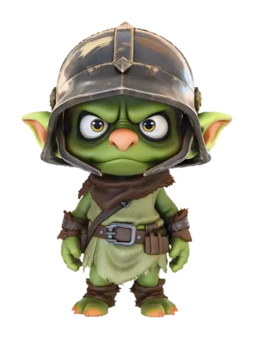3D model for A 3D image of a chibi-style cute goblin guard wearing an oversized helmet that coverts his eyes and a dirty tunic, skinny legs, long arms, large head, silly expression, cute features including large eyes, small mouth and large nose, green complexion, highly stylized, thick and bold details, highly textured, white background.