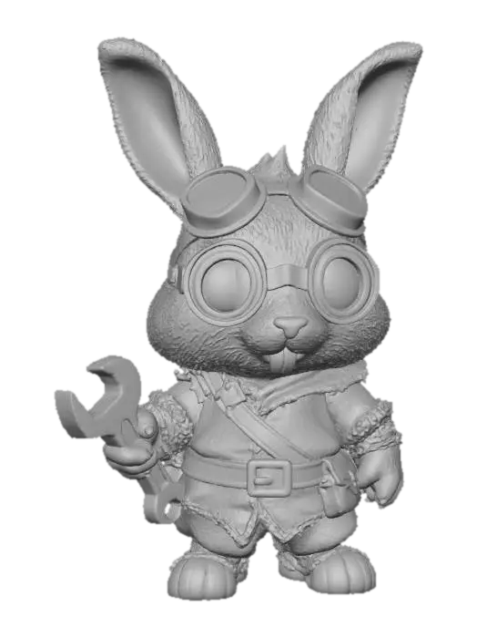 3D model for A 3D image of a chibi-style Dungeons & Dragons rabbit wearing medieval peasant clothing and holding a wrench in one hand, buck teeth showing, wearing a set of goggles, highly stylized, thick and bold details, solid background color.