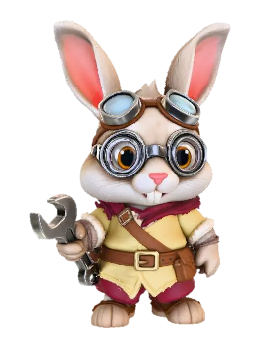 3D model for A 3D image of a chibi-style Dungeons & Dragons rabbit wearing medieval peasant clothing and holding a wrench in one hand, buck teeth showing, wearing a set of goggles, highly stylized, thick and bold details, solid background color.