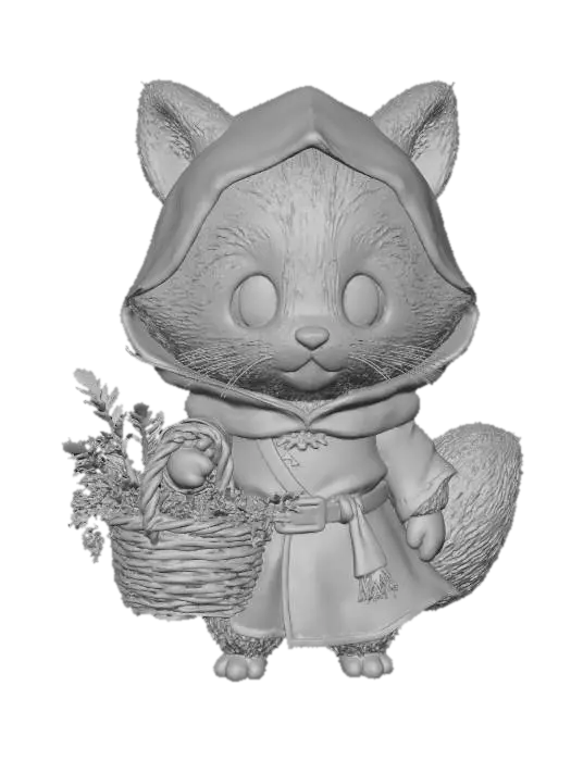 3D model for A 3D image of a chibi-style raccoon wearing medieval peasant robes and carrying a basket full of herbs, highly stylized, thick and bold details, solid background color.